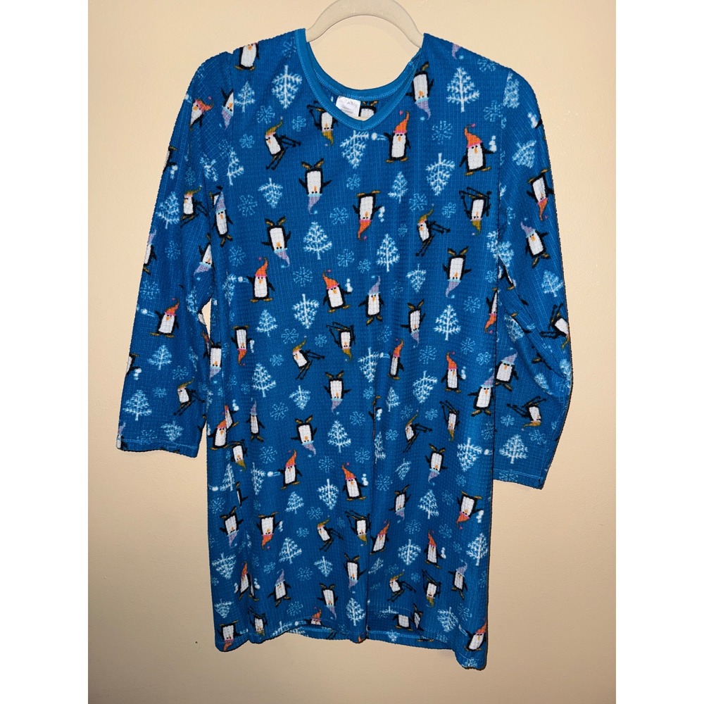 White Stag Womens Blue Waffle Knit Penguin Winter Nightgown Sleep Shirt S/M 6-10